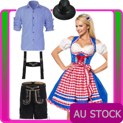 Couple Oktoberfest Costume Lederhosen Blue German Beer Maid Mens Womens Bavarian