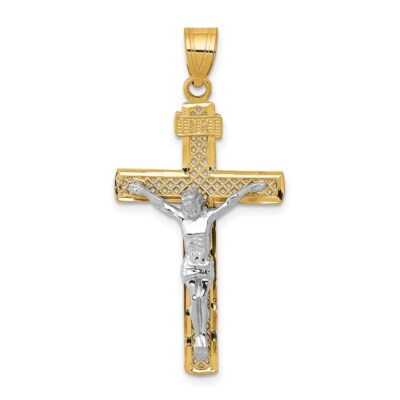 Pre-owned Superdealsforeverything Real 14kt Two-tone Diamond-cut Lattice Cross W/crucifix Pendant