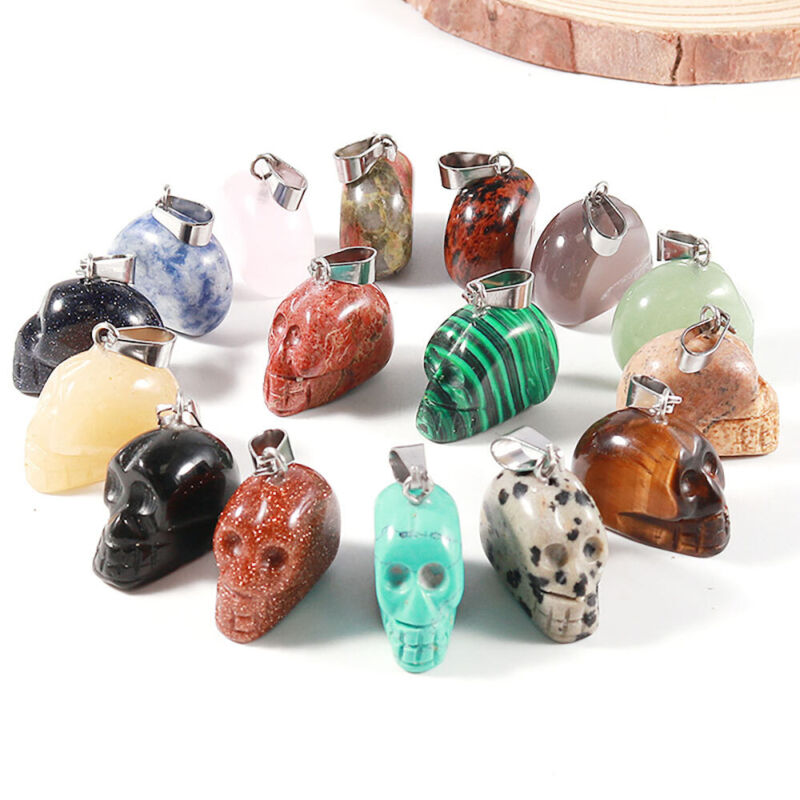12pc Charms Natural Gemstone Pendant Carved Skull Crystal Pendant For Jewelry Us