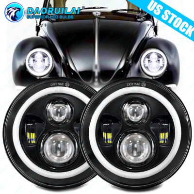 For 1950-1979 VW Beetle Pair 7'' Inch Round LED Headlights Hi/Low Beam Halo DRL