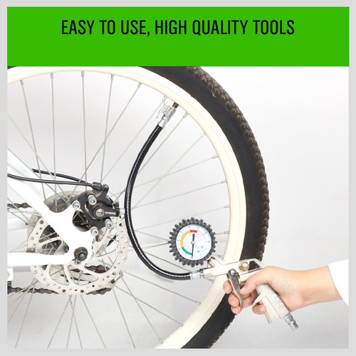 Dial Tire Inflator Gauge Flexible Hose 220 PSI Pistol Style Air Chuck Pneumatic