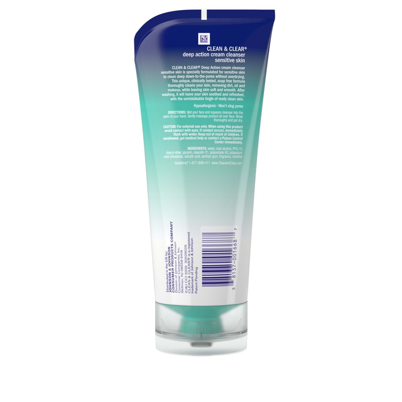 Clean & Clear Deep Action Cream Face Wash for Sensitive Skin, 6.5 Oz