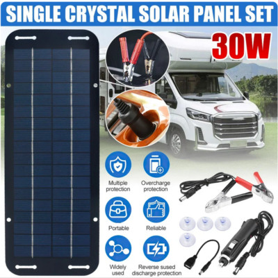 30W Solar Panel 12V Trickle Charger Battery Charger Kit Maintainer Boat Car RV