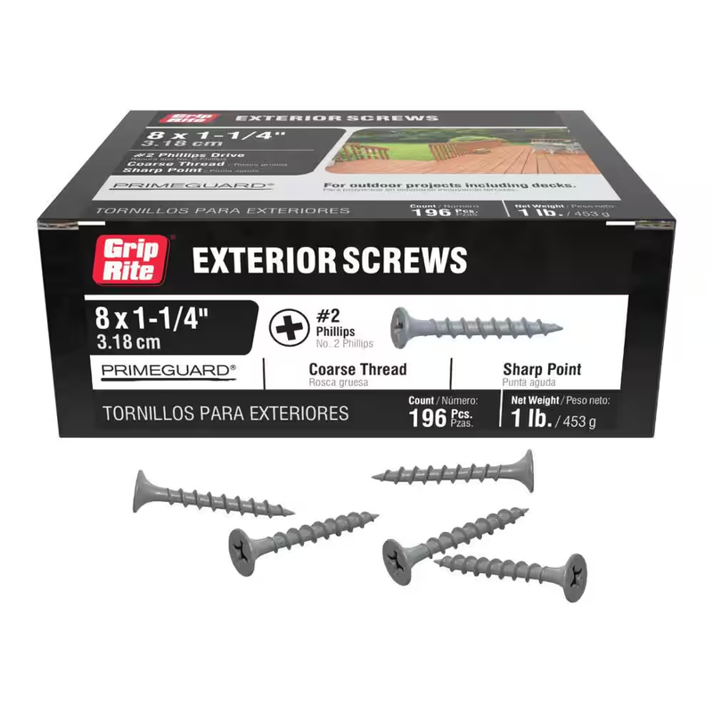 Grip Rite Exterior Wood Screws 8 x 1 1/4 in Phillips Coarse Thread 1 Lb 196 Pack