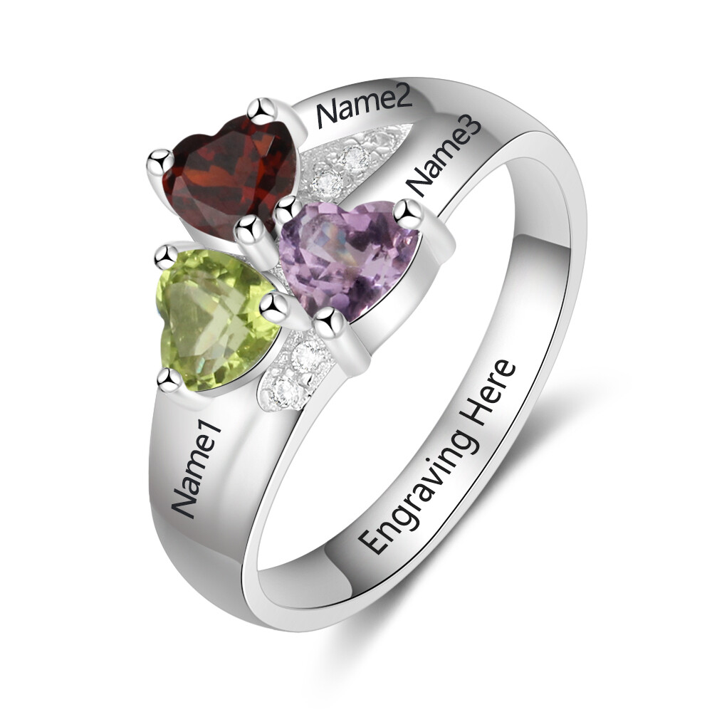 Personalized Engraved 3 Heart Birthstone Mother's Ring or Mom Ring .925 Sterling