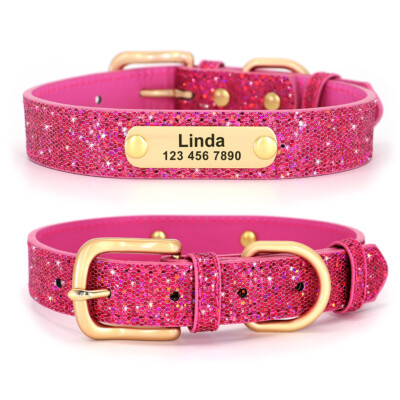 Bling Soft Leather Personalized Dog Cat Collar ID Name Engraved Small Large Dogs