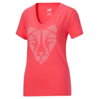 

Puma Cat Print V Шея Футболка с коротким рукавом Женские розовые повседневные топы 586120-35, Розовый