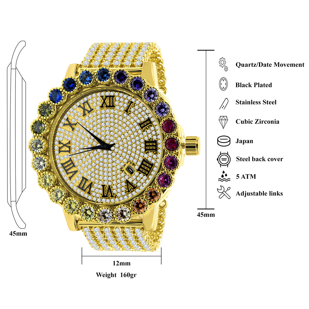 Pre-owned Ice House Rainbow Multi Tone Prong Set Custom Roman Numeral Big Xl 55mm Men's Custom Watch
