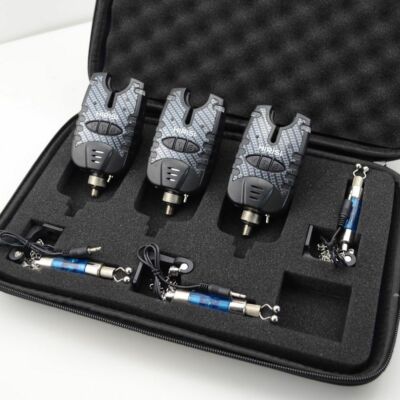 3 x Carp Fishing Bite Alarm & illuminated Swinger Set. Blue LED, Protective Case