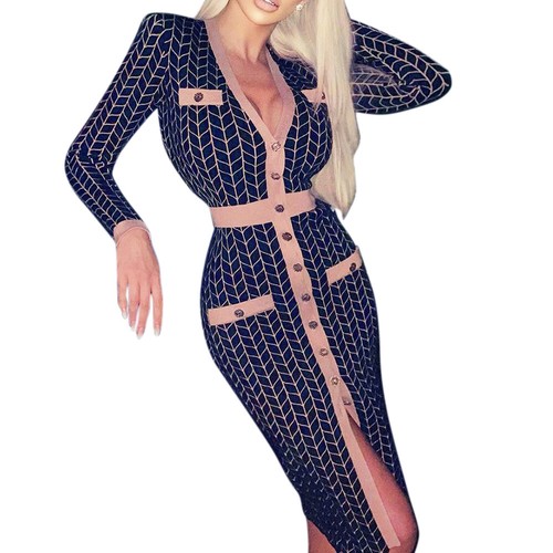 Women Long Sleeve V Neck Bodycon Pencil Midi Dress Ladies Party Cocktail Gown US