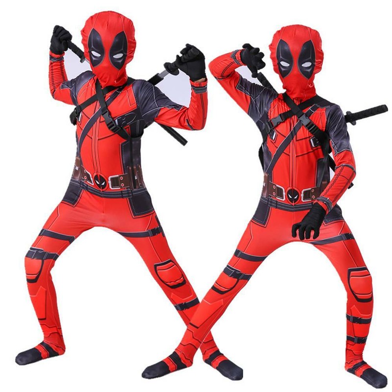 Halloween Karneval Cosplay Kostüm Kinder Jungen Deadpool Jumpsuit Maske Outfit