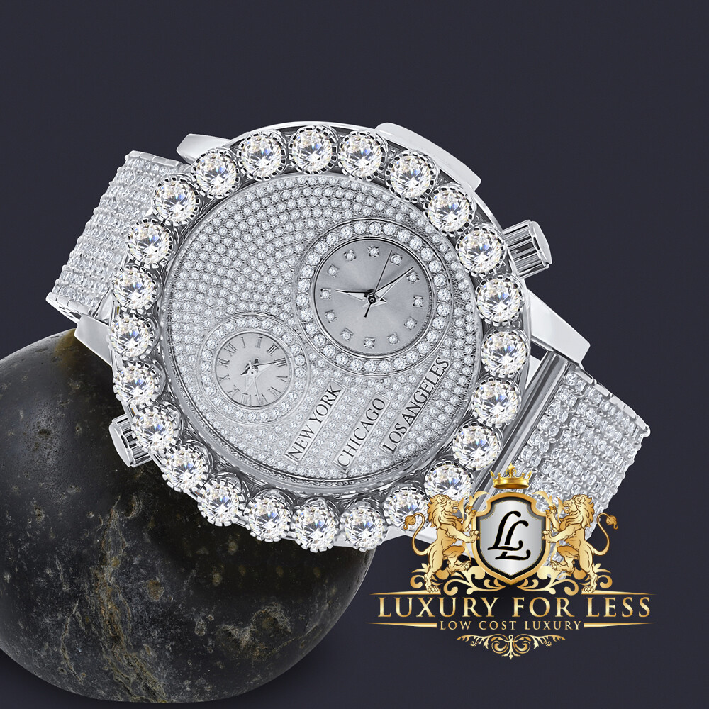 Pre-owned Ice Master Men's White Gold Tone Prong Set Real Diamond Dial 2 Time Zone Chronograph Watch