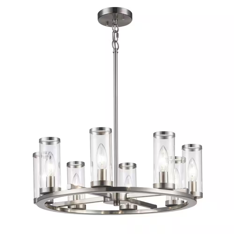 Loveland 8-Light Brushed Nickel Wagon Wheel Chandelier for Dining Room with Clea