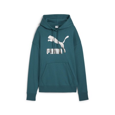 Пуловер с капюшоном и блестящим логотипом Puma Classics Женская зеленая повседневная верхняя одежда 62559522