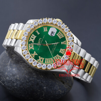 Pre-owned Bling Master 18k 2 Tone Gold Solid Steel Green Dial Simulated Diamond Presidential Mens Watch