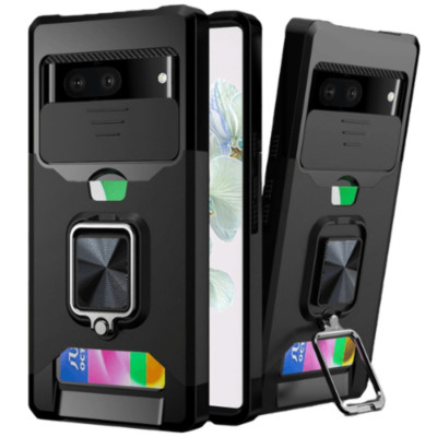 Multi-Functional Card Magnetic Ring Stand Hybrid Case Black For Google Pixel 7