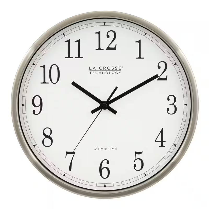 La Crosse Atomic Wall Clock 12in Stainless Analog Self Setting Auto DST Timer