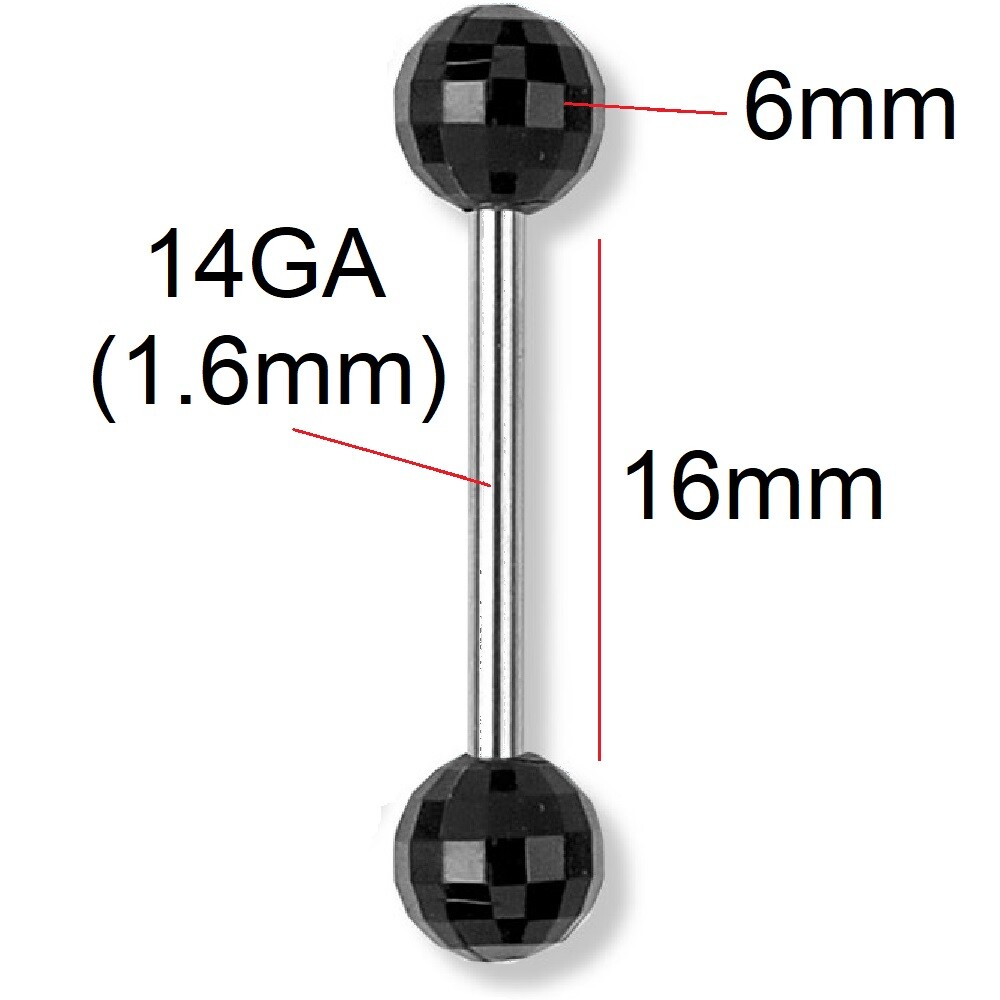 14G 1.6 x 16mm Tongue Bar Black Colour Faceted Balls Nipple Piercing * UK Seller