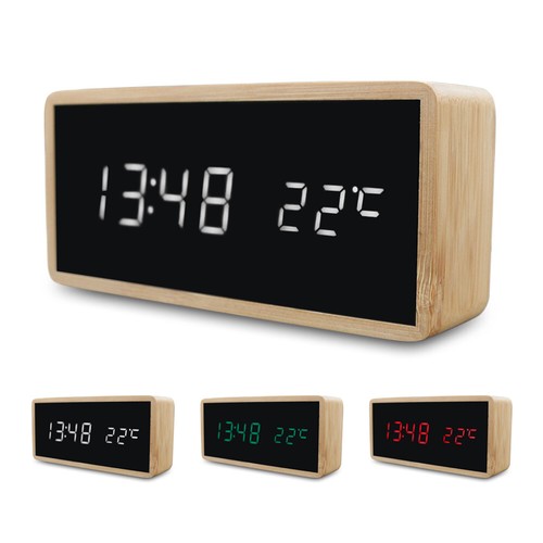Bamboo Wooden Desk Digital Alarm Clock Temperature Display Mirror Sound Control