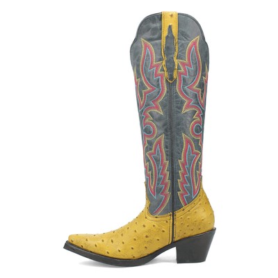 Pre-owned Dingo Selene Ostrich Print Snip Toe Cowboy Womens Blue, Yellow Casual Boots Di2