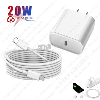 For iPhone 14/13/12/11 Pro/iPad 20W PD Fast Charger Cable 6Ft + USB-C Power Cube