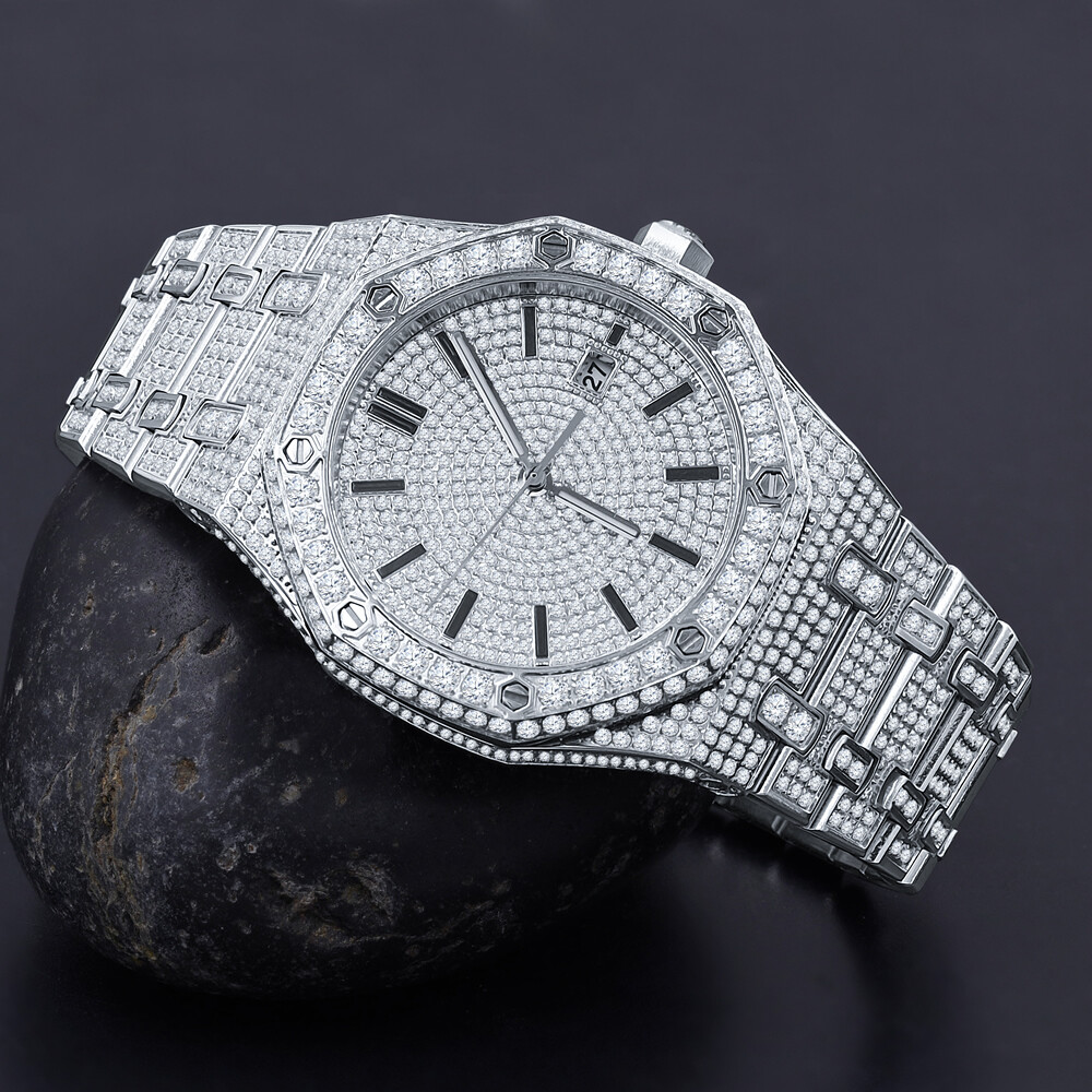 Pre-owned Bling Master Men's Full Steel Baguette Yellow Gold Tone Finish Simulated Diamond 42 Mm Watch
