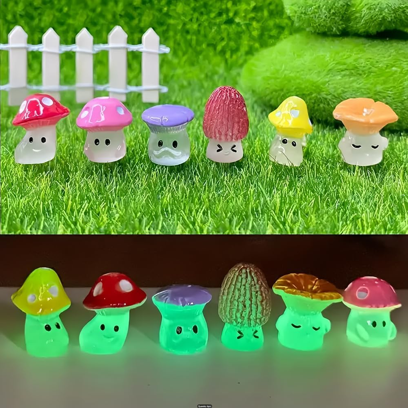 12 PCS Luminous Resin Cute Cartoon Wild Mushrooms Statue Decoration, Miniature F
