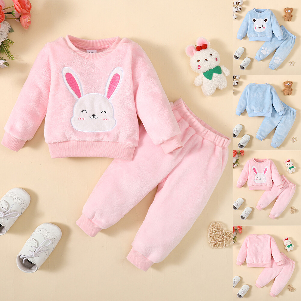 Baby Girl Flannel Pullover Cute Cartoon Long Sleeve T-shirt Solid Pants 2PCS Set