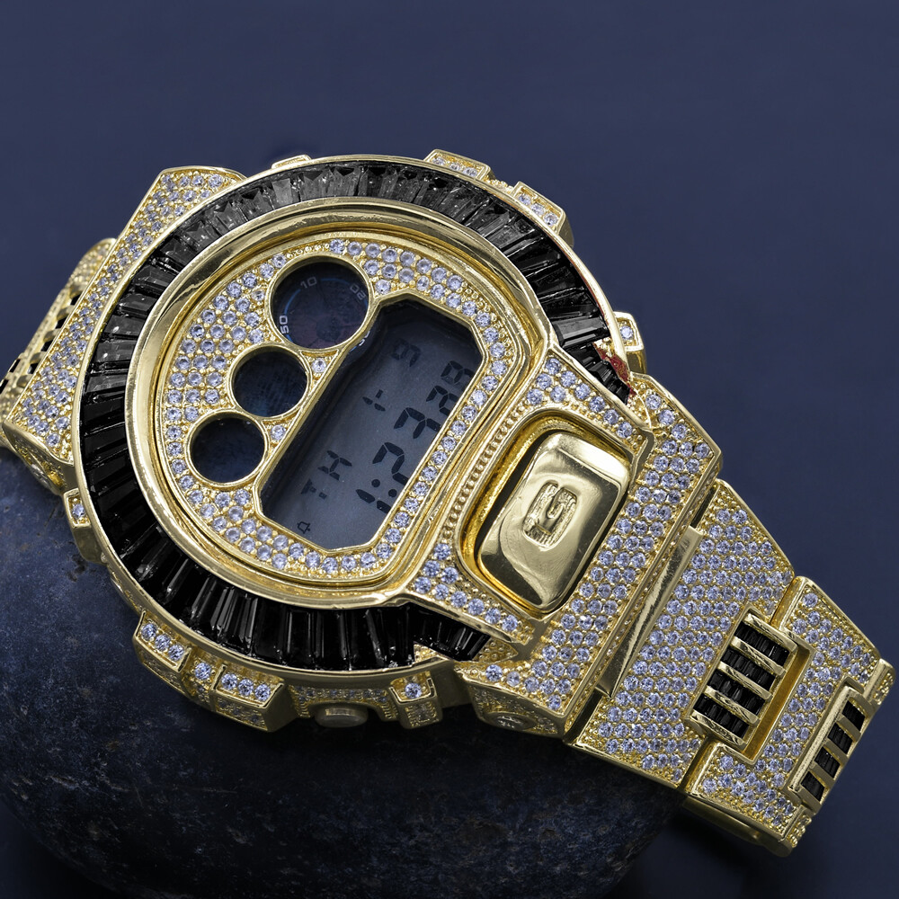 Pre-owned Usdiamondking Baguette Onyx Black 14k Gold Finish Casio Shock Authentic Dw-6900 Custom Watch