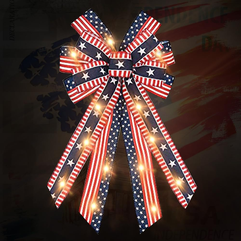 Large LED Patriotic Wreath Bows for Front Door, Labor Day Red Blue White Stars a