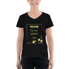 Feline Fine and Sippin Wine V Neck CAT  CAFE  