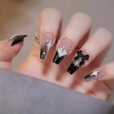 24pcs Long Square Black Glossy Fake Nail False Nails 3D Press On Nails Glue