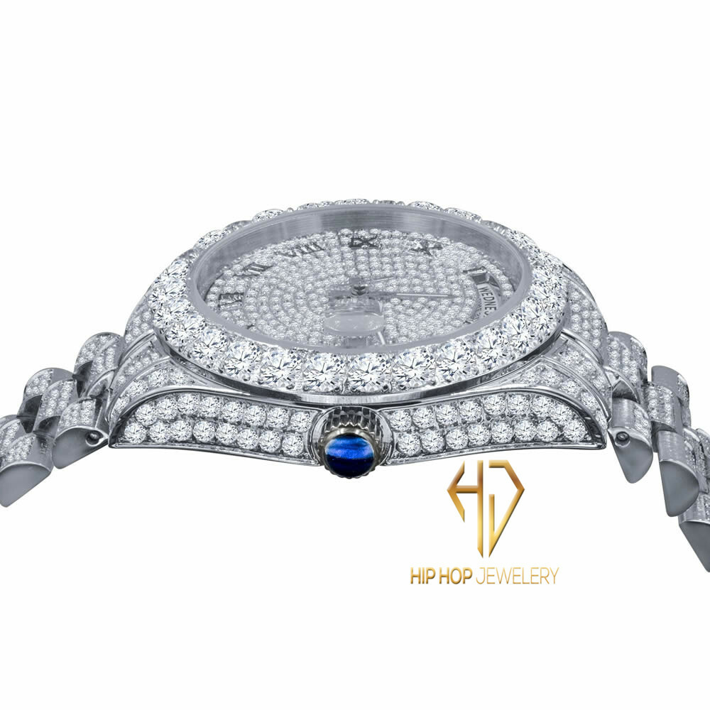 Pre-owned Bling Master Roman Dial Solitaire Stainless Steel 18k White Gold Day & Date 40 Mm Men's Watch