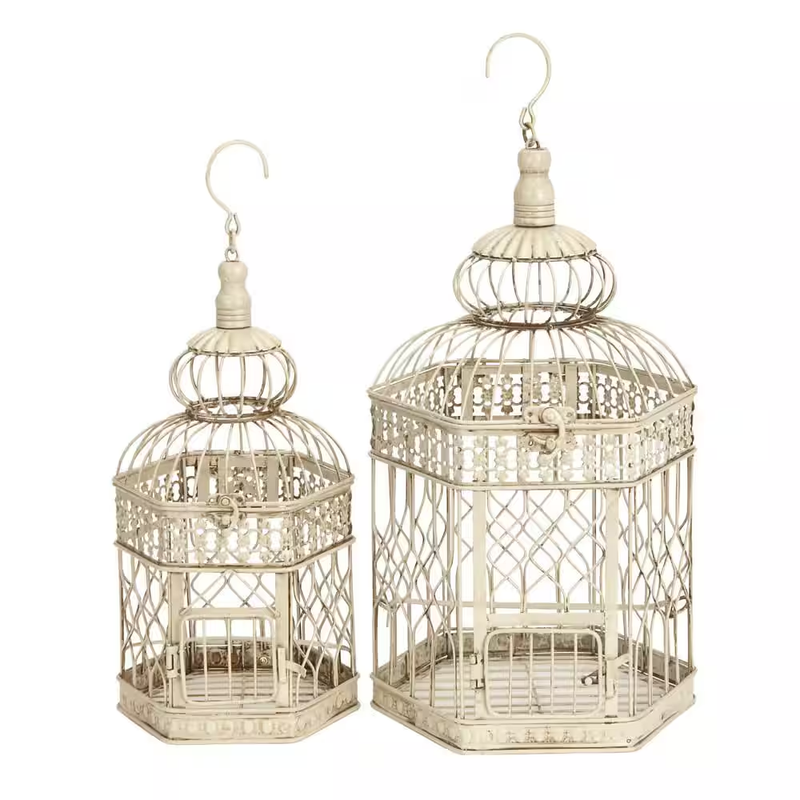 Decorative Bird Cage Set Vintage Metal Hanging Lantern Candle Holder Decor 2 Pc