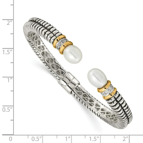 Pre-owned Goldia Sterling Silver W/14k Fw Cultured Pearl & Diamond Cuff Bracelet In White