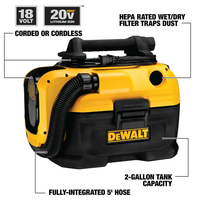 DEWALT 20V MAX 2-Gal Cordless/Corded Wet/Dry Vacuum Powerful Portable Cleaning