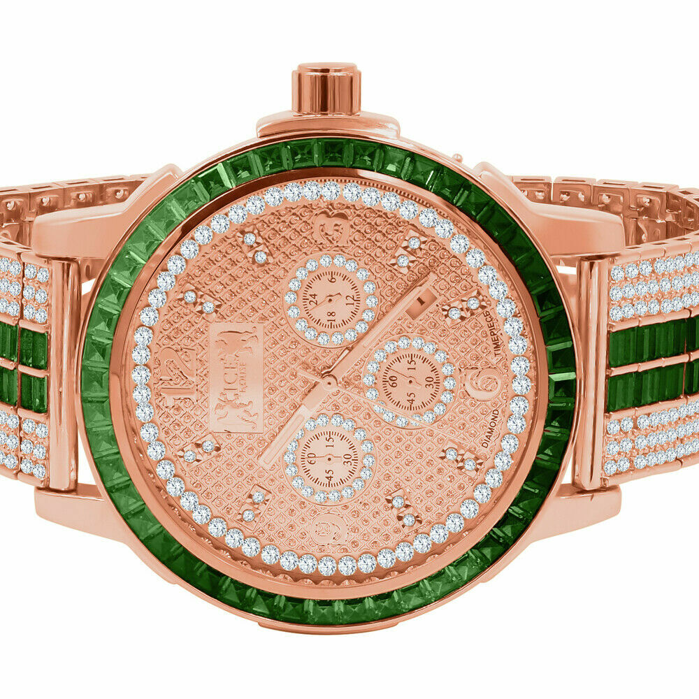 Pre-owned Ice House 18k Rose Gold Diamond Dial Emerald Green Custom Solid Steel Bezel Band Men Watch
