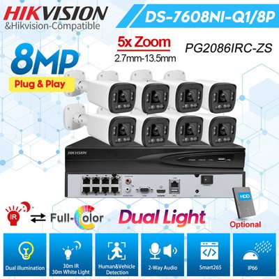 Hikvision 8CH 4K Dual Light IR 5XZoom 8MP MIC POE ColorVu Camera CCTV System Lot