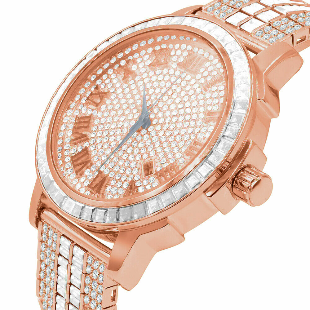 Pre-owned Ice House Roman Numeral Dial Rose Gold Custom Solid Steel Baguette Bezel Band Men's Watch