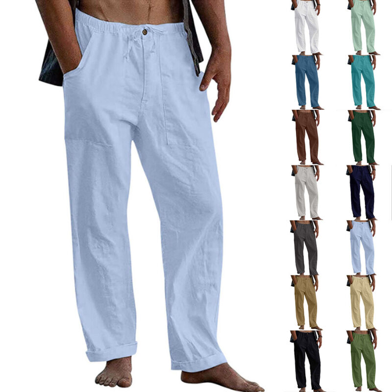 Mens Cotton Linen Pants Loose Straight Pants Elastic Waist Casual Loose Trousers