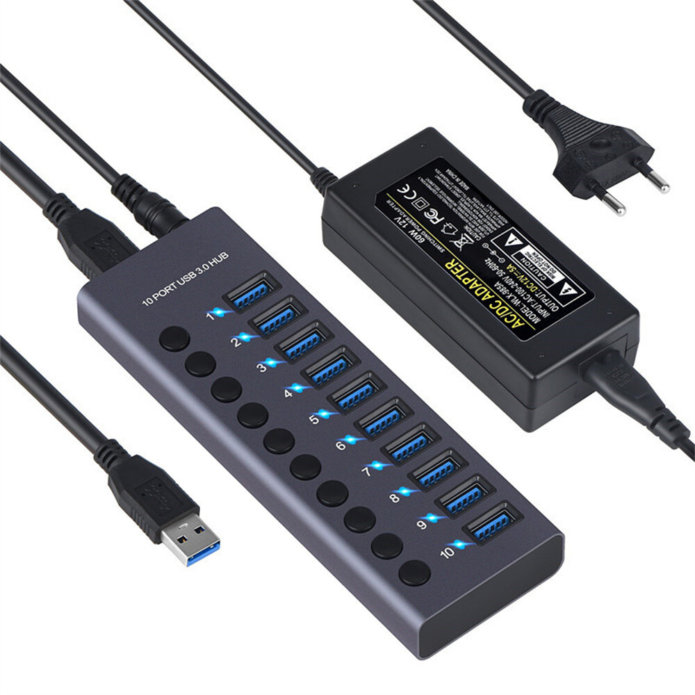 For Metal USB 3.0 Hub Multi USB Splitter 3 Hab Use Power Adapter 10 Port