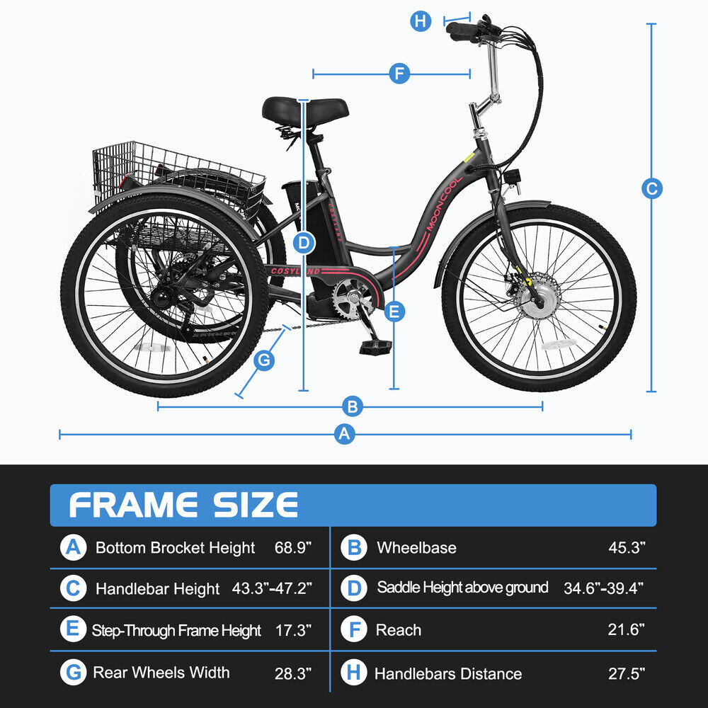 Electric Bicycle for Sale: MOONCOOL Electric Tricycle Bicycle Electric Trike with 350w Motor Battery Basket in Los Angeles, California