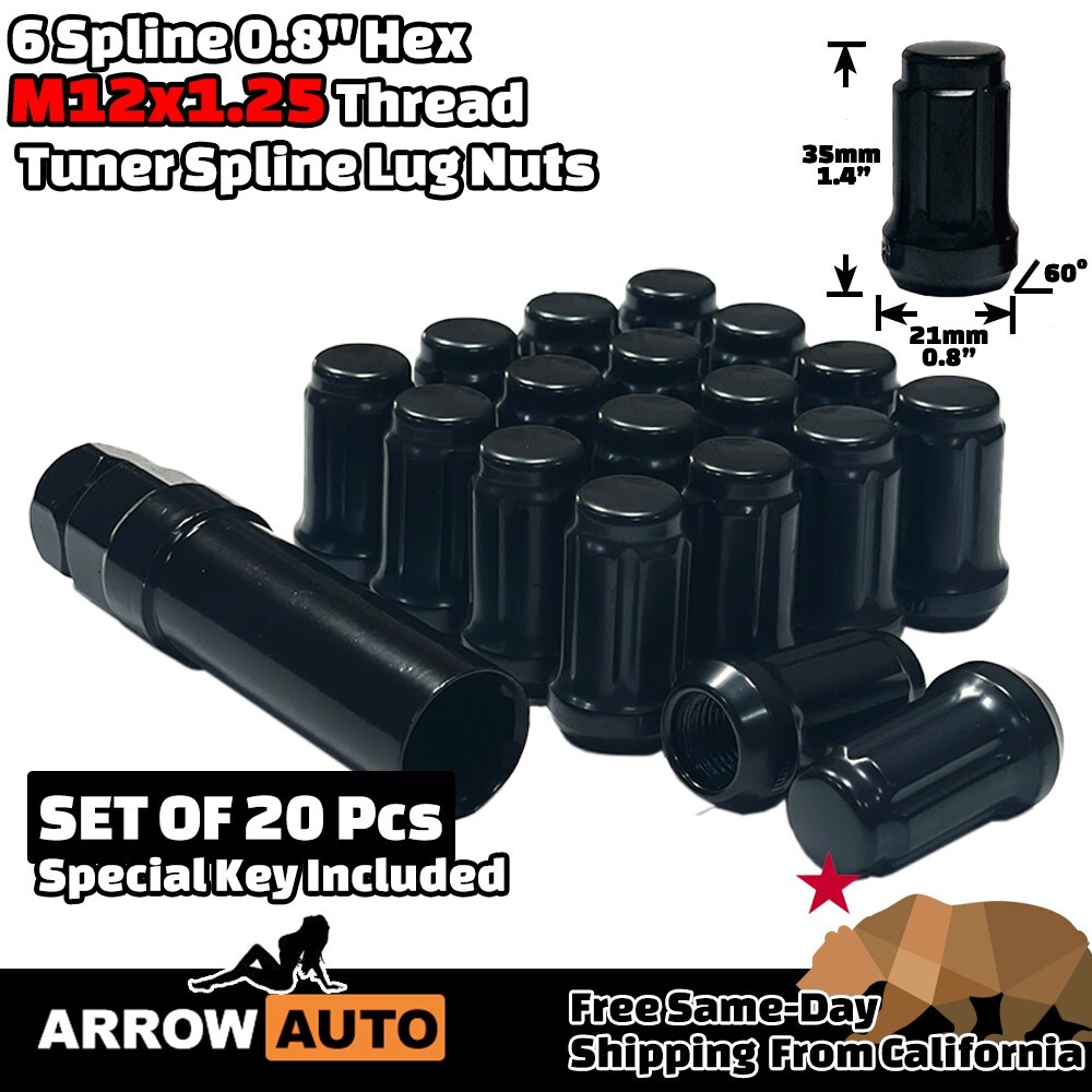 20x Black M12x1.25 Spline Tuner Style Lug Nuts and Key Fit