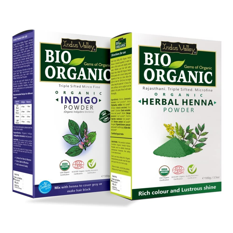 Indus Valley Bio Organic Indigo Powder and Henna Powder Combo 100% Natural for B