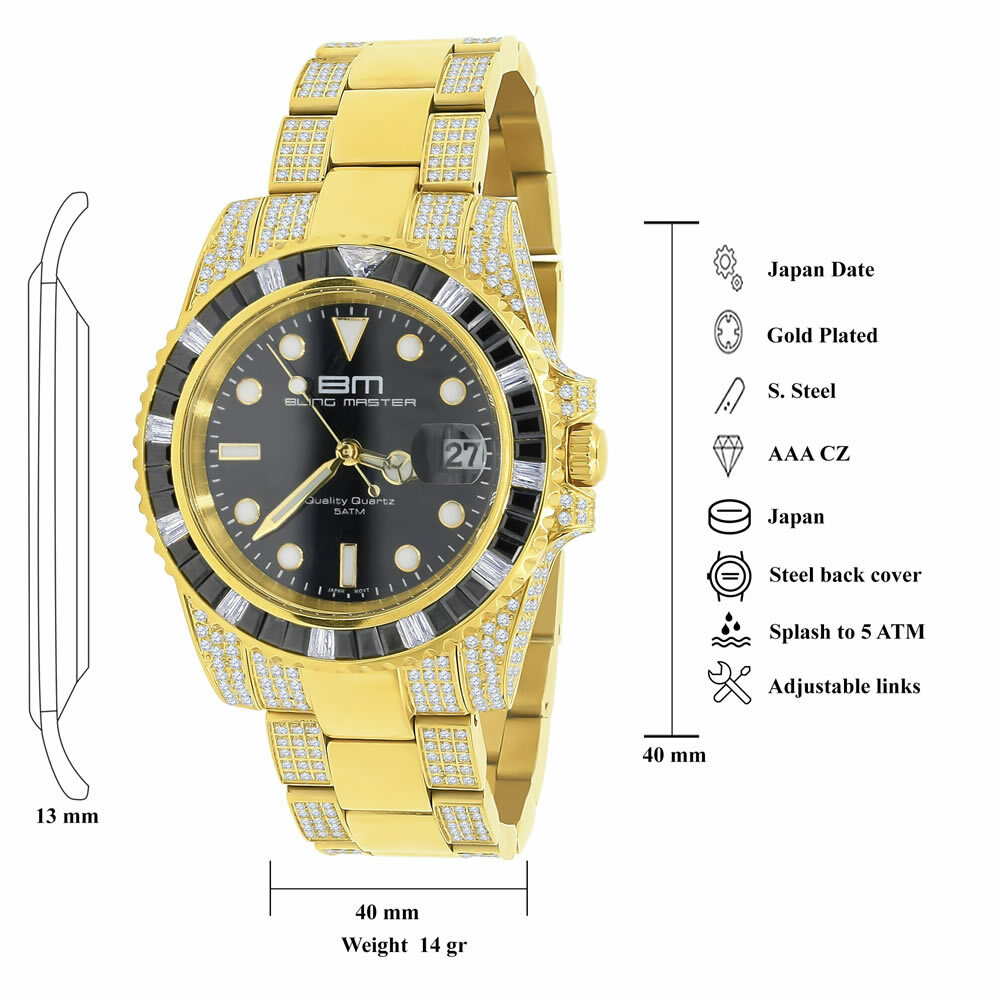 Pre-owned Bling Master Full Steel 18k Yellow Gold Simulated Diamond 40mm Presidential Mens Watch W/date