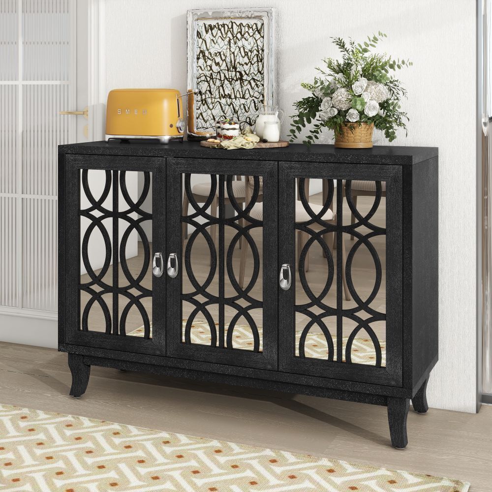 Sideboard with Glass Doors 3 Door Mirrored Buffet Cabinet with Silver Handle