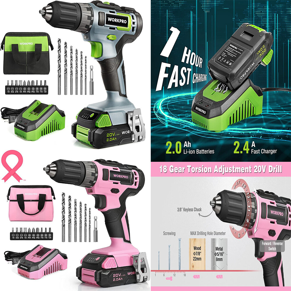 wWORKPRO 20V Cordless Drill Driver Kit 3/8'' Chuck w/11