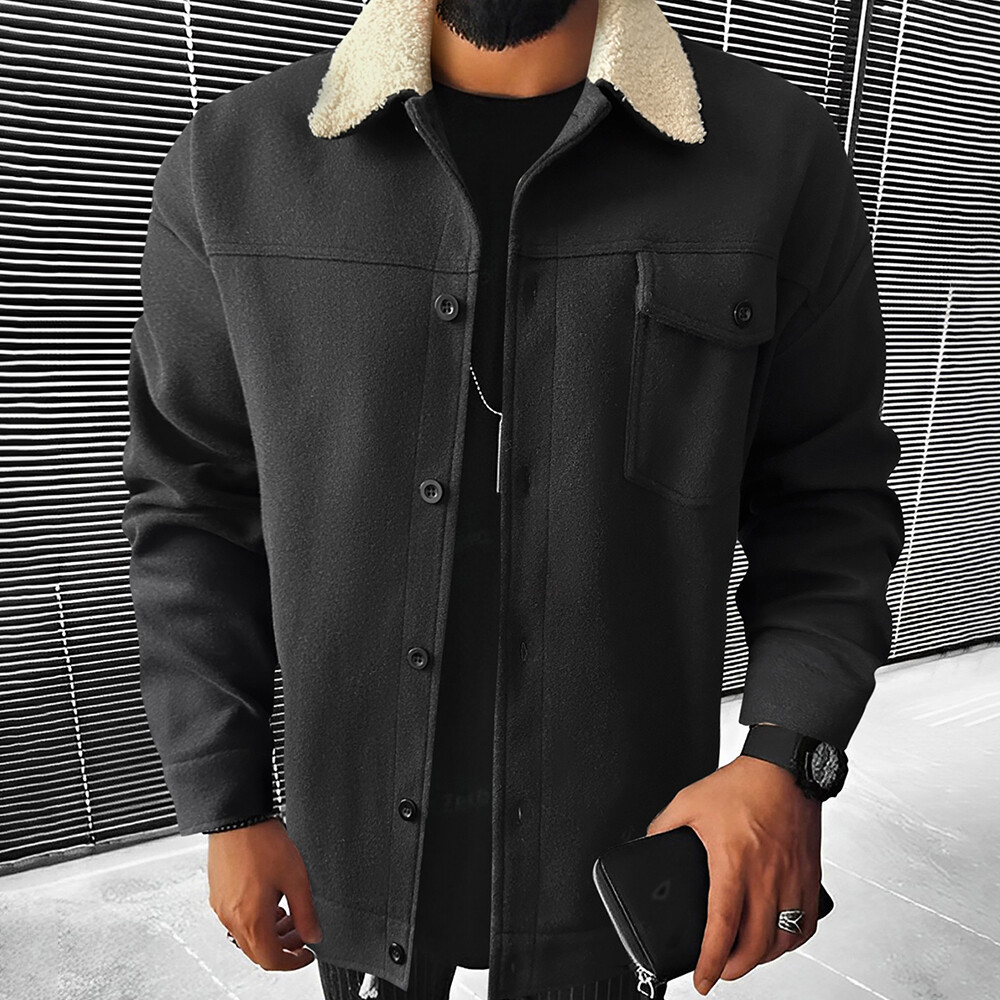 Men Lapel Fur Collar Button Cargo Jacket Long Sleeve Pockets Outwear Work Coats