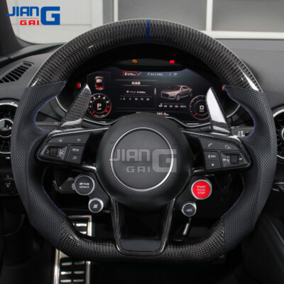 Carbon Fiber Flat Sport Blue Stripe Steering Wheel Fit 16+ Audi R8 TT TTRS TTS