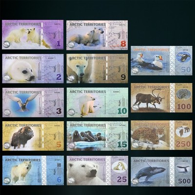 14pcs/set Arctic Territories Banknote Polar Tiere 1–500 Dollars UNC Sammlerserie